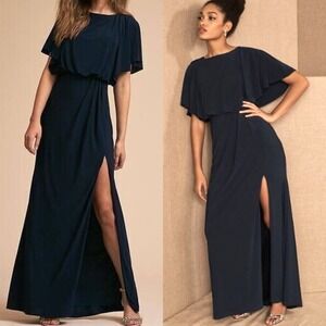 Anthropologie BHLDN Lena Navy Blue Flutter Sleeve Maxi Dress Size 12 Front Slit